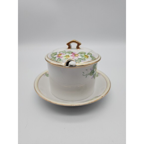 VTG Nippon Hand Painted Sugar Bowl w Attached Under Plate & Spoon Floral Design - Picture 4 of 12